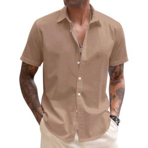 imageCOOFANDY Mens Linen Casual Short Sleeve Shirt Button Down Summer Beach ShirtsDark Khaki
