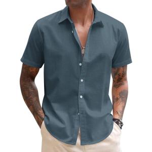 imageCOOFANDY Mens Linen Casual Short Sleeve Shirt Button Down Summer Beach ShirtsDeep Blue