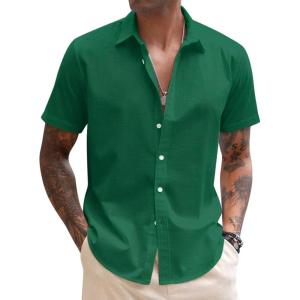 imageCOOFANDY Mens Linen Casual Short Sleeve Shirt Button Down Summer Beach ShirtsEvergreen
