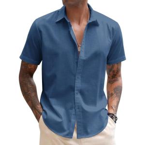 imageCOOFANDY Mens Linen Casual Short Sleeve Shirt Button Down Summer Beach ShirtsGalaxy Blue