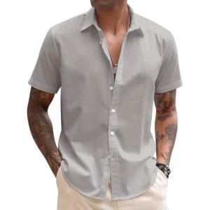 imageCOOFANDY Mens Linen Casual Short Sleeve Shirt Button Down Summer Beach ShirtsGrey