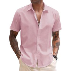 imageCOOFANDY Mens Linen Casual Short Sleeve Shirt Button Down Summer Beach ShirtsIcy Pink