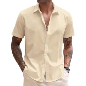 imageCOOFANDY Mens Linen Casual Short Sleeve Shirt Button Down Summer Beach ShirtsKhaki
