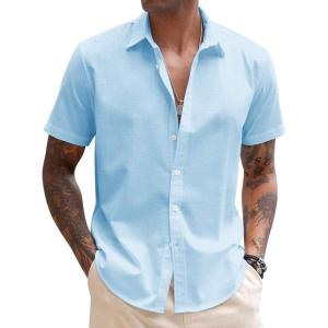 imageCOOFANDY Mens Linen Casual Short Sleeve Shirt Button Down Summer Beach ShirtsLight Blue
