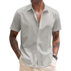 imageCOOFANDY Mens Linen Casual Short Sleeve Shirt Button Down Summer Beach ShirtsLight Grey