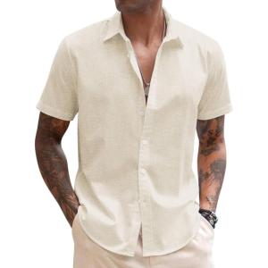 imageCOOFANDY Mens Linen Casual Short Sleeve Shirt Button Down Summer Beach ShirtsLight Khaki