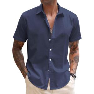 imageCOOFANDY Mens Linen Casual Short Sleeve Shirt Button Down Summer Beach ShirtsNavy Blue