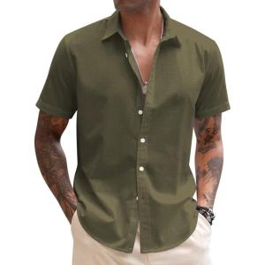 imageCOOFANDY Mens Linen Casual Short Sleeve Shirt Button Down Summer Beach ShirtsOlive Green