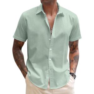 imageCOOFANDY Mens Linen Casual Short Sleeve Shirt Button Down Summer Beach ShirtsSage Green