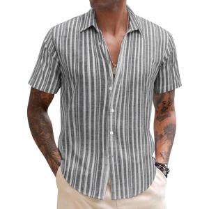 imageCOOFANDY Mens Linen Casual Short Sleeve Shirt Button Down Summer Beach ShirtsStripeirregular Grey