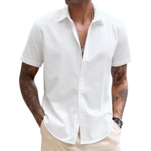 imageCOOFANDY Mens Linen Casual Short Sleeve Shirt Button Down Summer Beach ShirtsWhite
