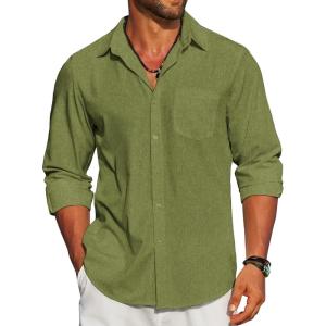 imageCOOFANDY Mens Linen Long Sleeve Shirts Casual Button Down Untucked Shirt Vacation Wedding Shirts with PocketArmy Green