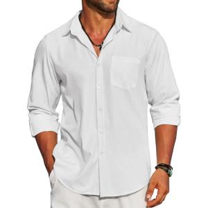 imageCOOFANDY Mens Linen Long Sleeve Shirts Casual Button Down Untucked Shirt Vacation Wedding Shirts with PocketAwhite