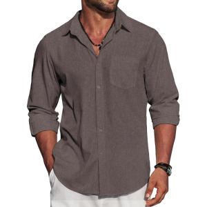imageCOOFANDY Mens Linen Long Sleeve Shirts Casual Button Down Untucked Shirt Vacation Wedding Shirts with PocketBrown