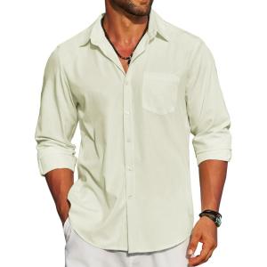 imageCOOFANDY Mens Linen Long Sleeve Shirts Casual Button Down Untucked Shirt Vacation Wedding Shirts with PocketCream