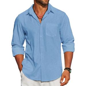 imageCOOFANDY Mens Linen Long Sleeve Shirts Casual Button Down Untucked Shirt Vacation Wedding Shirts with PocketDark Blue