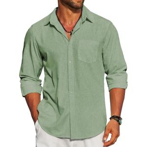 imageCOOFANDY Mens Linen Long Sleeve Shirts Casual Button Down Untucked Shirt Vacation Wedding Shirts with PocketDark Green