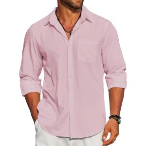 imageCOOFANDY Mens Linen Long Sleeve Shirts Casual Button Down Untucked Shirt Vacation Wedding Shirts with PocketPink