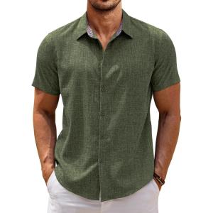 imageCOOFANDY Mens Linen Shirt Casual Short Sleeve Button Down Shirts Summer Beach Vacation TopsArmy Green