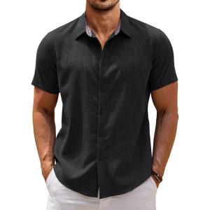 imageCOOFANDY Mens Linen Shirt Casual Short Sleeve Button Down Shirts Summer Beach Vacation TopsBlack