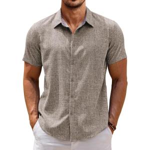 imageCOOFANDY Mens Linen Shirt Casual Short Sleeve Button Down Shirts Summer Beach Vacation TopsBrown