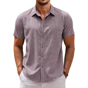imageCOOFANDY Mens Linen Shirt Casual Short Sleeve Button Down Shirts Summer Beach Vacation TopsDate Red