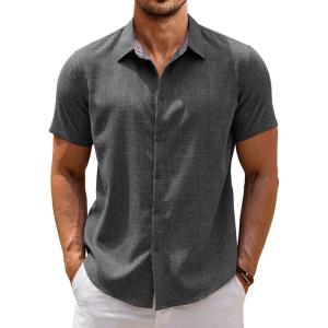 imageCOOFANDY Mens Linen Shirt Casual Short Sleeve Button Down Shirts Summer Beach Vacation TopsGray