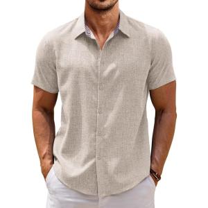 imageCOOFANDY Mens Linen Shirt Casual Short Sleeve Button Down Shirts Summer Beach Vacation TopsKhaki