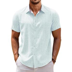 imageCOOFANDY Mens Linen Shirt Casual Short Sleeve Button Down Shirts Summer Beach Vacation TopsLight Blue