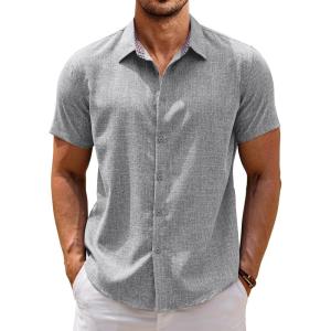 imageCOOFANDY Mens Linen Shirt Casual Short Sleeve Button Down Shirts Summer Beach Vacation TopsLight Gray
