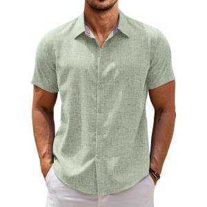 imageCOOFANDY Mens Linen Shirt Casual Short Sleeve Button Down Shirts Summer Beach Vacation TopsLight Green