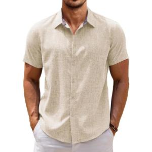 imageCOOFANDY Mens Linen Shirt Casual Short Sleeve Button Down Shirts Summer Beach Vacation TopsLight Khaki