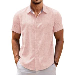 imageCOOFANDY Mens Linen Shirt Casual Short Sleeve Button Down Shirts Summer Beach Vacation TopsLight Pink