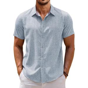 imageCOOFANDY Mens Linen Shirt Casual Short Sleeve Button Down Shirts Summer Beach Vacation TopsNavy