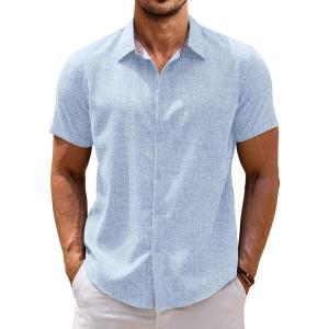 imageCOOFANDY Mens Linen Shirt Casual Short Sleeve Button Down Shirts Summer Beach Vacation TopsSky Blue