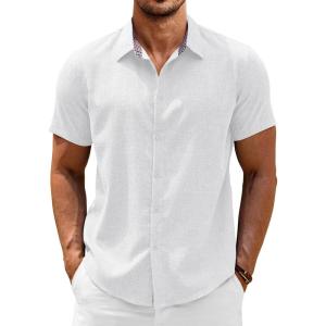 imageCOOFANDY Mens Linen Shirt Casual Short Sleeve Button Down Shirts Summer Beach Vacation TopsWhite