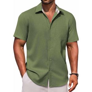 imageCOOFANDY Mens Linen Short Sleeve Button Down Shirts Casual Summer Beach Vacation ShirtsChive