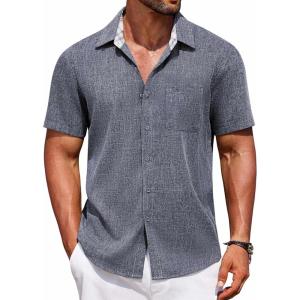 imageCOOFANDY Mens Linen Short Sleeve Button Down Shirts Casual Summer Beach Vacation ShirtsMedieval Blue
