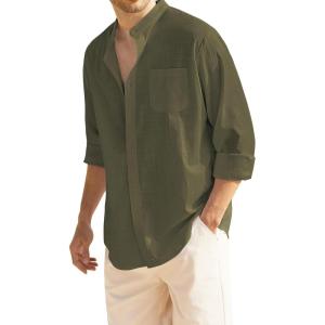 imageCOOFANDY Mens Long Sleeve Cotton Linen Shirt Beach Button Down Shirts Casual Button Up Shirt Summer Yoga Tops with PocketArmy Green