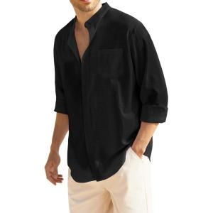 imageCOOFANDY Mens Long Sleeve Cotton Linen Shirt Beach Button Down Shirts Casual Button Up Shirt Summer Yoga Tops with PocketBlack