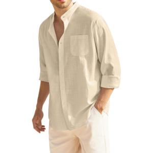 imageCOOFANDY Mens Long Sleeve Cotton Linen Shirt Beach Button Down Shirts Casual Button Up Shirt Summer Yoga Tops with PocketKhaki
