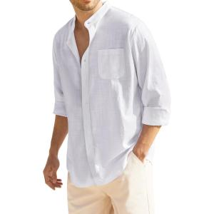 imageCOOFANDY Mens Long Sleeve Cotton Linen Shirt Beach Button Down Shirts Casual Button Up Shirt Summer Yoga Tops with PocketWhite