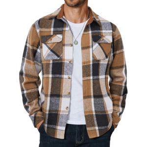 imageCOOFANDY Mens Long Sleeve Flannel Shirts Fashion Plaid Jacket Casual Button Down Shirt with PocketsKhakiblack