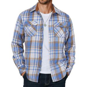 imageCOOFANDY Mens Long Sleeve Flannel Shirts Fashion Plaid Jacket Casual Button Down Shirt with PocketsLight Blue