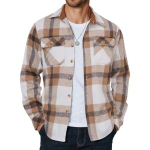 imageCOOFANDY Mens Long Sleeve Flannel Shirts Fashion Plaid Jacket Casual Button Down Shirt with PocketsLight Khaki