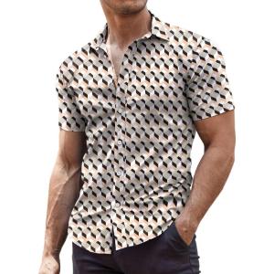 imageCOOFANDY Mens Muscle Fit Dress Shirts WrinkleFree Short Sleeve Casual Button Down ShirtGreyBeige1
