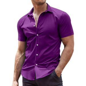 imageCOOFANDY Mens Muscle Fit Dress Shirts WrinkleFree Short Sleeve Casual Button Down ShirtPurple