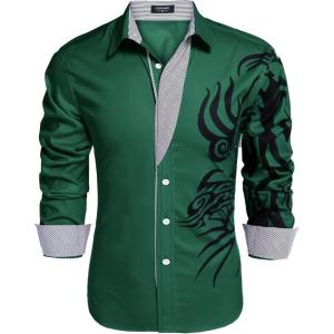 imageCOOFANDY Mens Print Button Down Dress Shirt Fashion Long Sleeve Casual ShirtsGreen Black