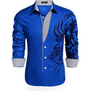 imageCOOFANDY Mens Print Button Down Dress Shirt Fashion Long Sleeve Casual ShirtsRoyal Blue