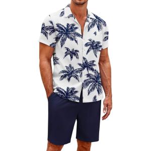 imageCOOFANDY Mens Short Sets 2 Piece Summer Beach Outfits Short Sleeve Shirts and Shorts Sets for MenCoconut Treewhite